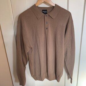 Maggiano Moda 100% Merino Wool Sz L Polo Sweater Khaki Tan Collar Long Sleeve